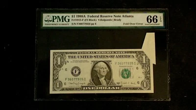 RARE 1988 A $1 Federal Reserve PMG 66 EPQ FOLD OVER  ERROR NOTE ATLANTA Bill! - Image 1 of 4