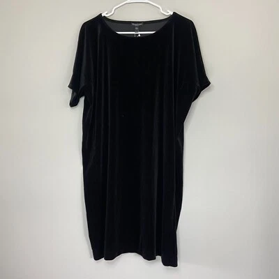 Vestido de terciopelo Eileen Fisher para mujer LP largo midi elástico negro liso cuello redondo Foto 1 de 4