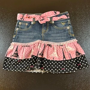 Justice Jeans Skirt Eiffel Tower Ruffle Trim Denim Skirt Blue Pink Girls Size 6R - Picture 1 of 8