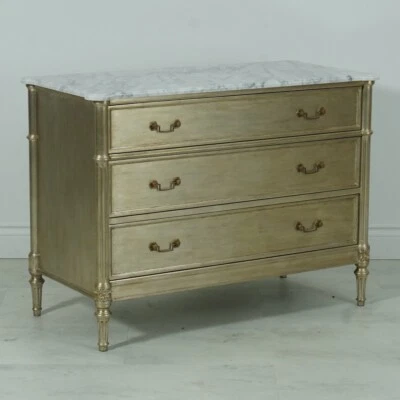 Cómoda Francesa Hoja Plata Caoba Cómoda Top Mármol Blanco Foto 1 de 4