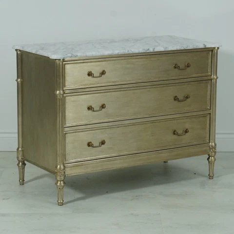 French Silver Leaf Mahogany chest of drawers Dresser with White marble top Cover