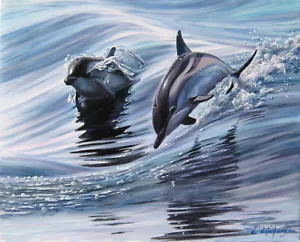 Interesante Regalo Hogar Decoración de Pared Delfines Pintura al Óleo Imagen Impresa en Lienzo - Imagen 1 de 2