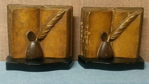 Vintage Pair of Syrocowood Bookends - Open Book with Inkwell and Quill - Picture 1 of 9