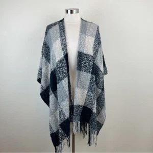 Woolrich Black Gray Block Geometric Fringe Shawl Wrap Scarf Sweater Women - Picture 1 of 5