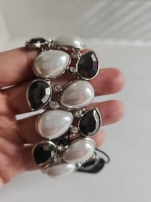 Lane Bryant Pearl Bracelet Nwt With Gunmetal Gray Stones, Rhinestones Stretch - Image 1 of 4