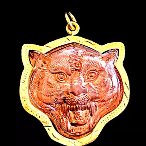 Ciondolo Talismano Portafortuna Maschera TIGRE Oro Autentico Amuleto LP Parn Ricca Ricchezza - Foto 1 di 20