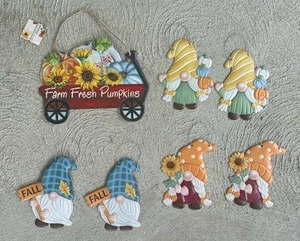 HANGING TIN SIGN GNOME PUMPKINS FALL SUNFLOWER - Picture 1 of 5