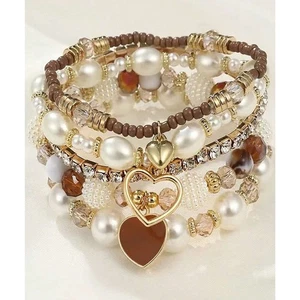Set Bracciale Elastico Perline Perle e Cristalli 5pz Ciondolo Cuore Stratificato Grosso  - Foto 1 di 4