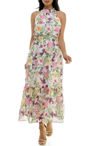 Nina Leonard Floral Sleeveless Tiered Chiffon Maxi Dress Size S NEW White Multi - Picture 1 of 23