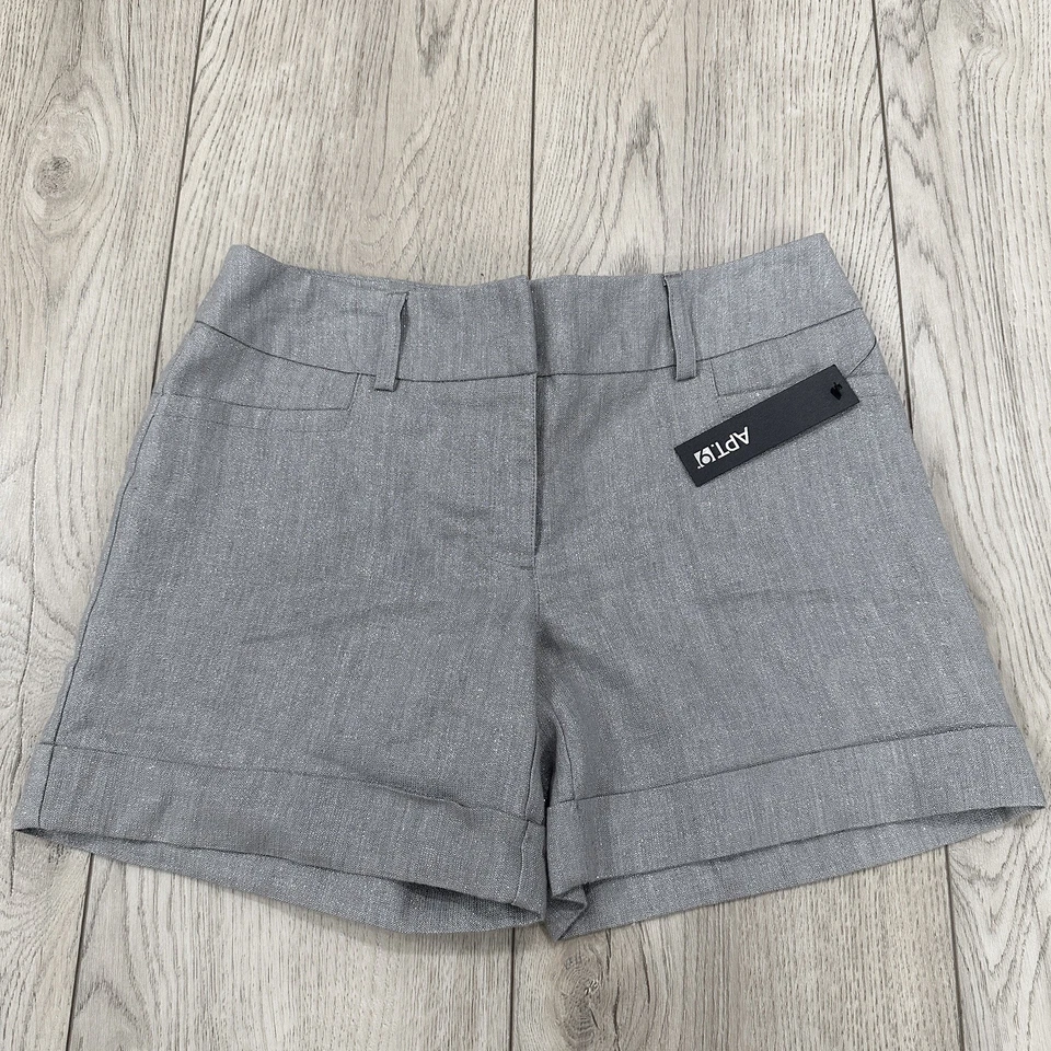 Nuevo con etiquetas Pantalones Cortos Apt.9 Mujer Frente Plano Lino Metálico Talla 4 Bolsillos Puños Gris Foto 1 de 4