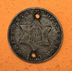 1853 Three Cent Silver VERY FINE Two Holes - Picture 1 of 2