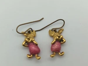 Disney - Winnie the Pooh's Piglet Gold Tone - Hanging Earrings Vintage FE437 - Picture 1 of 6