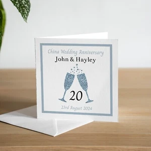Personalised 20th China Wedding Anniversary Card Champagne Glass Husband Wife - Bild 1 von 3