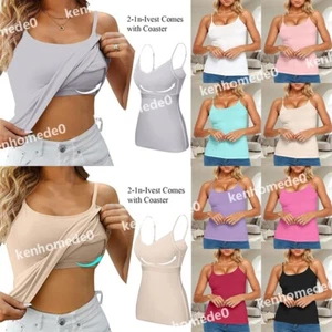2 in 1 Women Padded Built in Bra Cami Vest Camisole With Shelf Tank Tops T Shirt - Picture 1 of 31