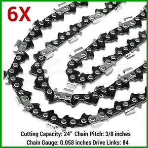 6XChainsaw SEMI CHISEL Chain New 24" BAR 3/8 058 84DL Replacement Saws parts - Picture 1 of 3