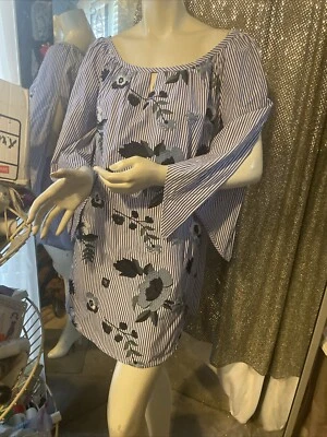 Túnica/Vestido Joseph Ribkoff Azul Blanco Rayas Floral Bordado Talla 8 Nuevo Con Etiquetas Foto 1 de 4