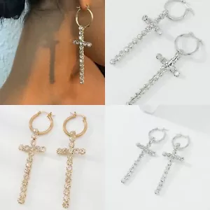 diamante rhinestone extra long cross crucifix drop dangle sparkle hoop earrings - Picture 1 of 9