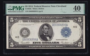 US 1914 $5 FRN Cleveland District Note FR 859c PMG 40 XF (894) - Picture 1 of 2