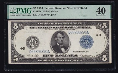 US 1914 $5 FRN Cleveland District Note FR 859c PMG 40 XF (894) - Image 1 of 2