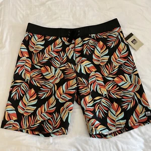 REEF Hawaiian Tropical Boardshorts Swim Trunks Mens Size 38 Black Multicolor B8 - Picture 1 of 6