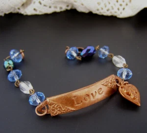 Vintage Style Love Message Heart Charm Bar Layering Bracelet Blue Bead Gift - Bild 1 von 7