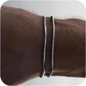 Layered Silver Bracelet for Men, 925 Sterling Silver Men Bracelet Dainty Men Bra - Picture 1 of 12