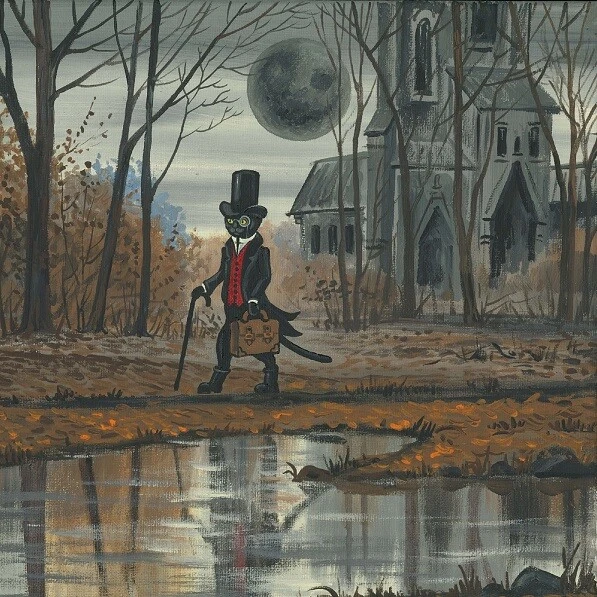 11x11 Halloween Gato Negro Ryta Impresión Embrujada de Pintura Arte Popular Paisaje 🍁 Foto 1 de 1