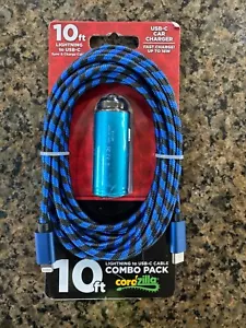 Cordzilla Car Charger with 10' Blue & Black Charging & Data Transfer Cable Cord - Picture 1 of 2