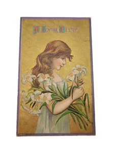 A Loving Easter Antique Postcard 1910s Young Woman with Lilies Gold Gilded Used - Picture 1 of 4