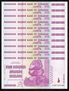 ZIMBABWE 500 Millones X 10 PIEZAS AA 2008 P-82 Trillion Serie 1/10 Paquete UNC - Imagen 1 de 2