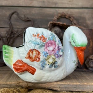 Maceta Cisne Vintage, Hecha en Japón, Flores de Transferencia Pintadas a Mano - Imagen 1 de 14