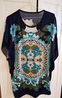Ladies Blue Flowers Long Line Tunic Top Flowy Sleeves Size  M/L
