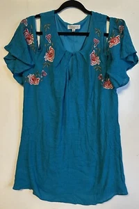 Umgee Dress Women’s 2X Teal Embroidered Floral Cold Shoulder Boho Festival - Picture 1 of 3