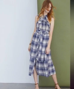 Chan Luu Spring Plaid Skirt Linen Blend Small Blue Cream Plaid - Picture 1 of 5