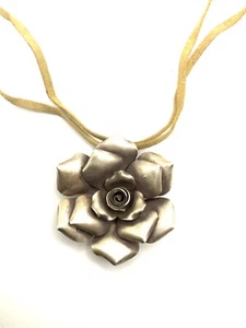 SUPERB SOLID STERLING SILVER LARGE BIG MODERNIST ROSE PENDANT w leather NECKLACE - Picture 1 of 7