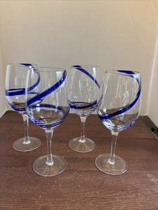 Set Of 4 Pier 1 Blue Cobalt Swirline Swirl Stemmed Wine Water Glasses - 9” tall - Picture 1 of 5