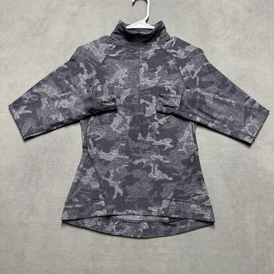 Blusa feminina Lululemon Outrun The Elements 1/2 zíper 6 cinza camuflagem anônima HTR preta - Imagem 1 de 4