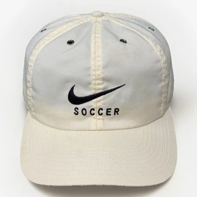 RARE Vintage Nike Soccer Strapback Hat Big Swoosh Nylon Off White 90s Y2k - Image 1 of 3