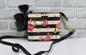 Luv Betsey By Betsey Johnson Black And White Stripes Pink Roses Crossbody - Picture 1 of 11