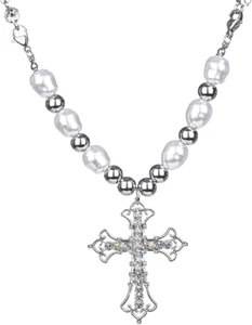 Vintage Celtic Rhinestone Cross Long Pendant Necklace Pearl Beaded Choker Neckla - Picture 1 of 12