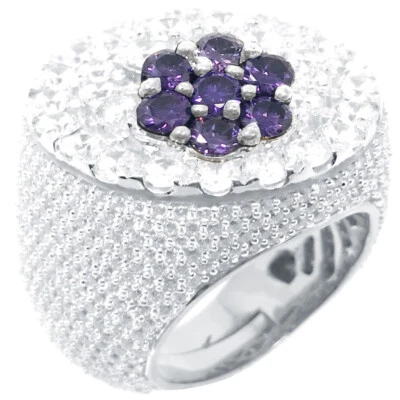 Big XXXL Real Sterling Silver White Gold Tone Mens Purple & White CZ'S Ring Band - Image 1 of 4