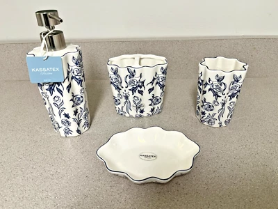 KASSATEX Нью-Йорк синий и белый цветочный 4 шт туалетного столика ванной набор мыла щетка чашка - Изображение 1 из 4
