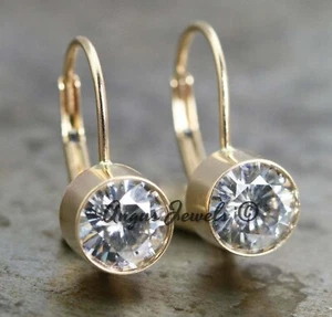 Juego de 2 quilates de bisel de corte redondo pendientes de aro moissanita pesado sólido oro amarillo 14k - Imagen 1 de 9