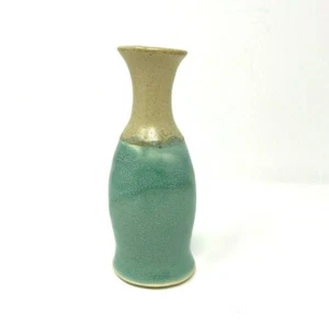 Small Green Tan Pottery Vase 6" x 2.25" Neutral Minimalist - Picture 1 of 6