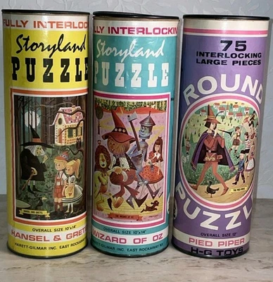 H-G Toys Wizard Of Oz Pied Piper Hansel Gretel 75 Piece Puzzles In Can Vtg 60's - Image 1 of 4