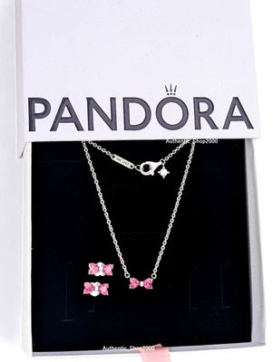 New 100% PANDORA 925 Silver Sparkling Pink Bow Stud Earrings + Necklace Gift Set - Image 1 of 3