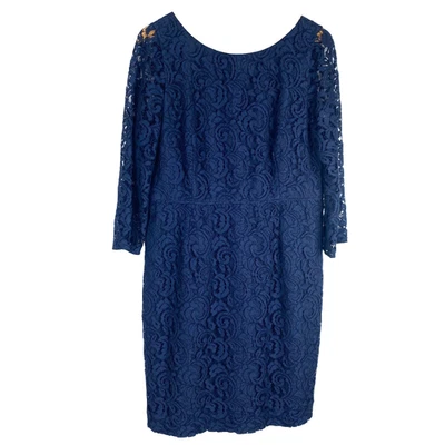 J. Crew Natalia Dress 16 Leavers Lace 3/4 Sleeve V Back Sheath Wedding Navy Blue - Image 1 of 4