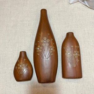 Faux Wood Vases Set of 3 Brown Floral Bud Vases Rhinestone Accent - Picture 1 of 14