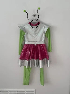 Disfraz de Cutie del espacio exterior para niña - mediano.  Vestido rosa, antena, leggings verdes Foto 1 de 4