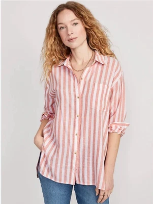 Old Navy Linen Shirt Womens M Striped Boyfriend Button Up Relaxed Sustainable - Image 1 of 4